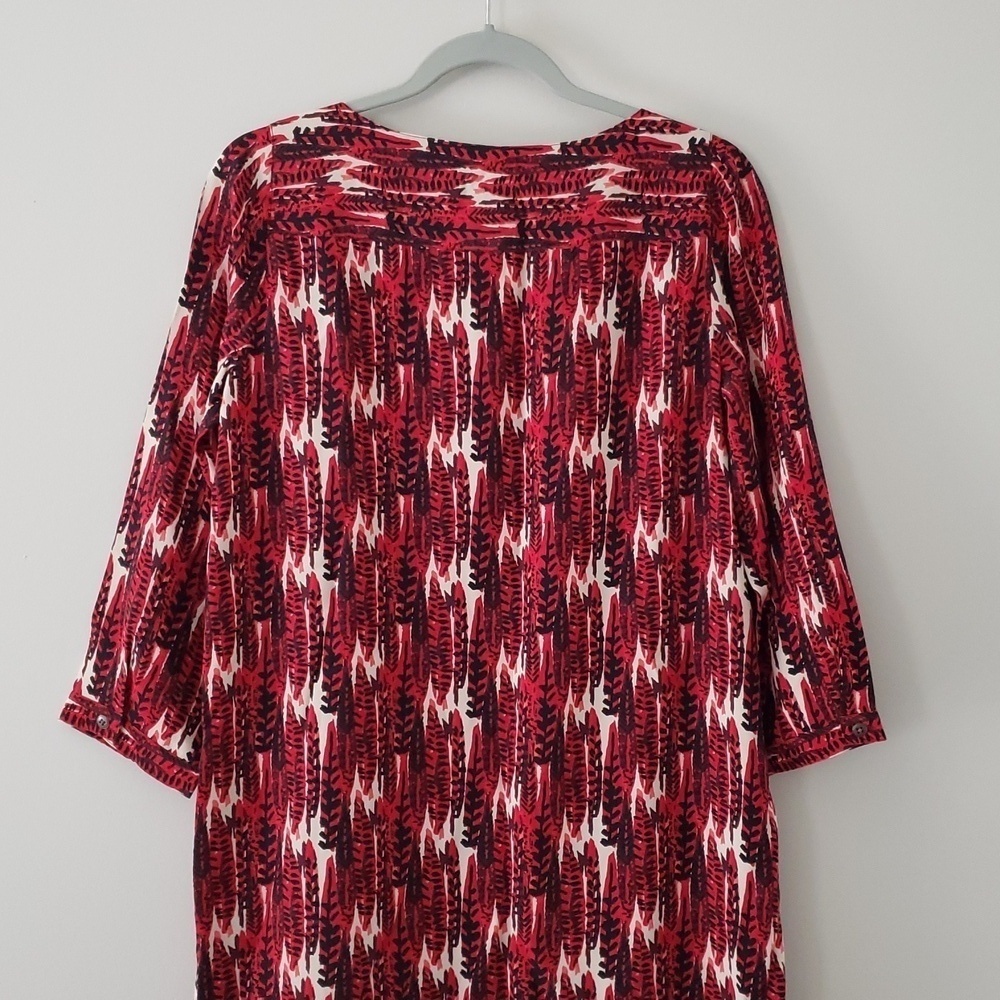 Fossil 100% Silk Mini Shift Dress Small Red Feather Print Boho Artsy Lightweight - Picture 6 of 14